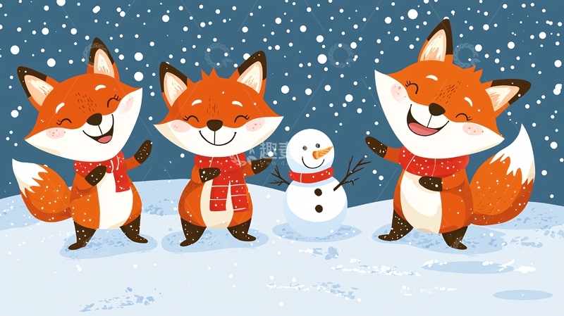 高清大图下载【趣麦麦图】三只狐狸和雪人过圣诞