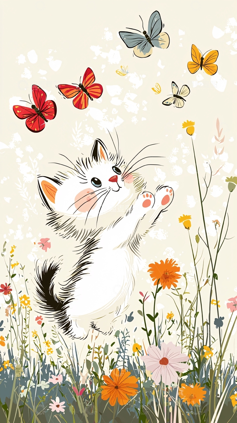 高清大图下载【趣麦麦图】小猫追逐蝴蝶花丛