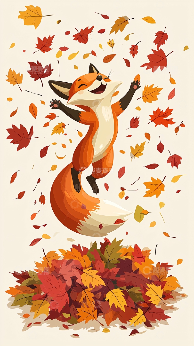 高清大图下载【趣麦麦图】小狐狸跳跃枫叶堆