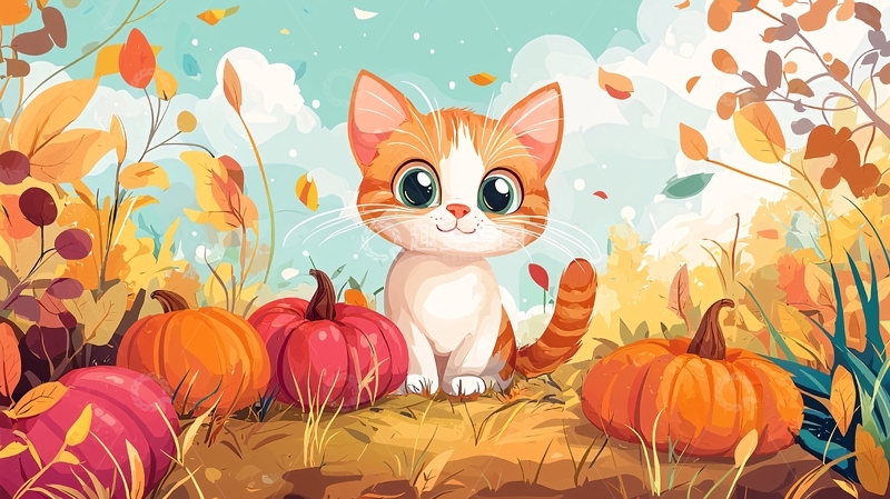 高清大图下载【趣麦麦图】秋日南瓜田里的小猫