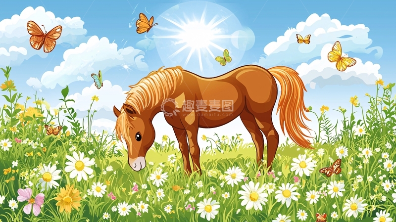 高清大图下载【趣麦麦图】卡通马儿吃草