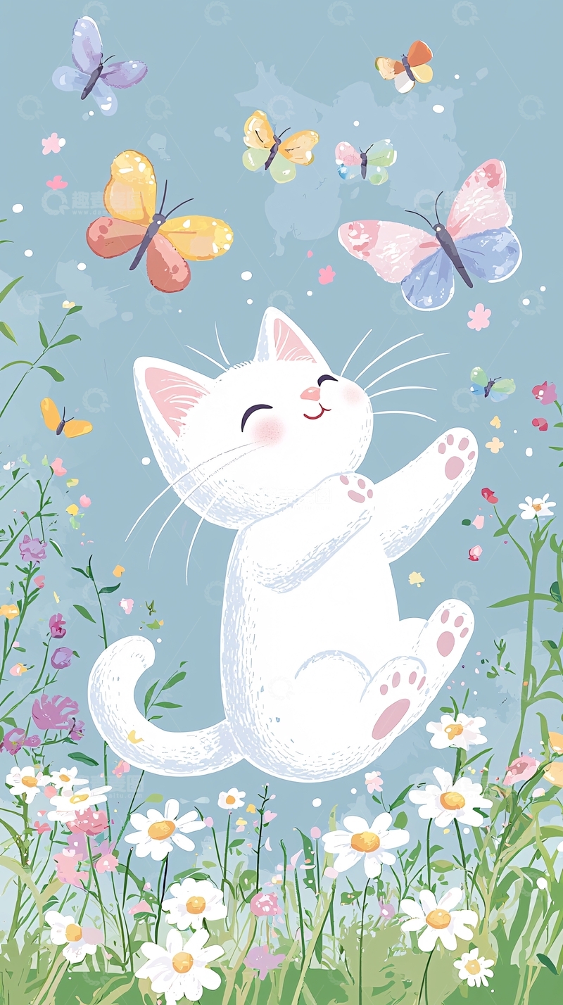 高清大图下载【趣麦麦图】可爱小猫与蝴蝶花田