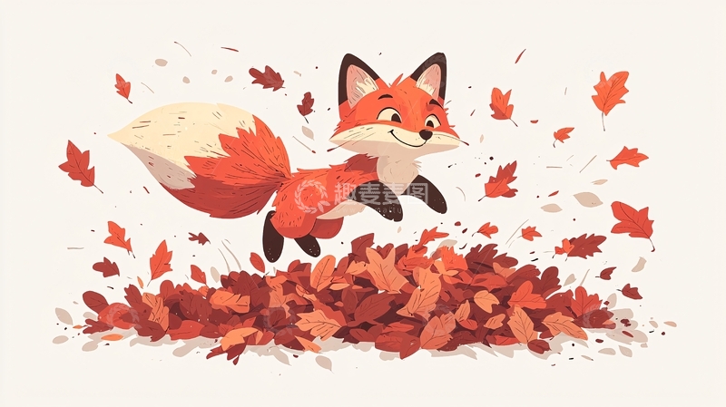 高清大图下载【趣麦麦图】小狐狸跳跃落叶堆