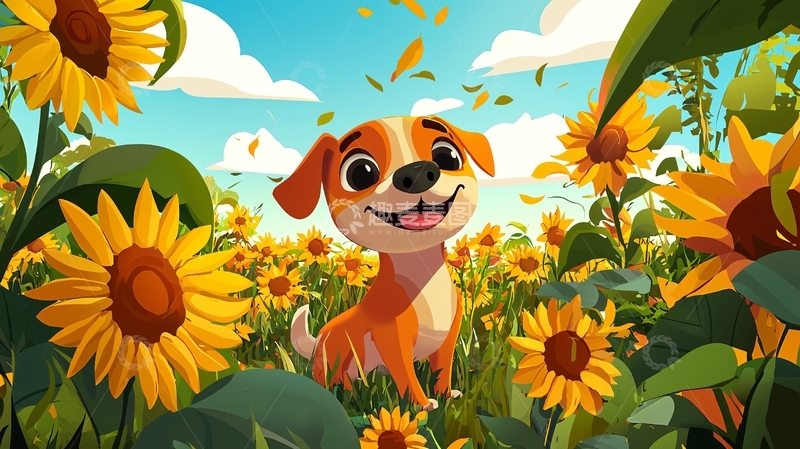高清大图下载【趣麦麦图】卡通小狗向日葵田