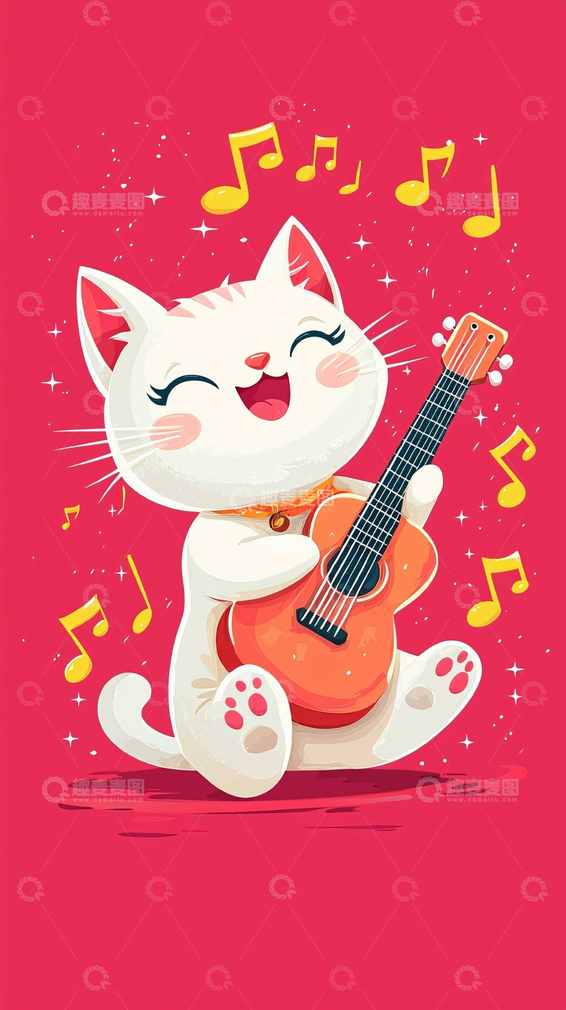 高清大图下载【趣麦麦图】可爱猫咪弹吉他