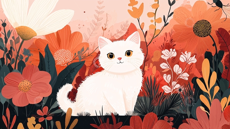 高清大图下载【趣麦麦图】白猫鲜花花园插画