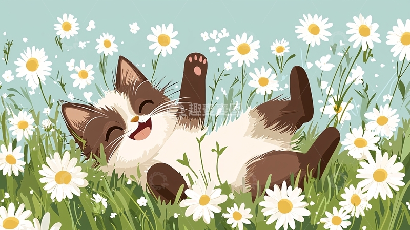 高清大图下载【趣麦麦图】快乐小猫花丛中打滚