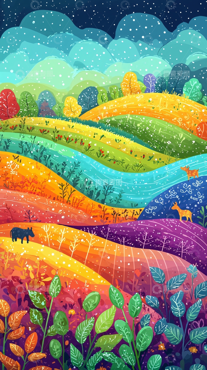 高清大图下载【趣麦麦图】彩色丘陵风景画