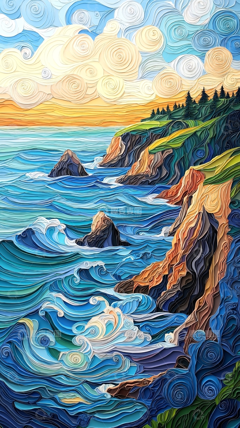 高清大图下载【趣麦麦图】海岸线风景绘画