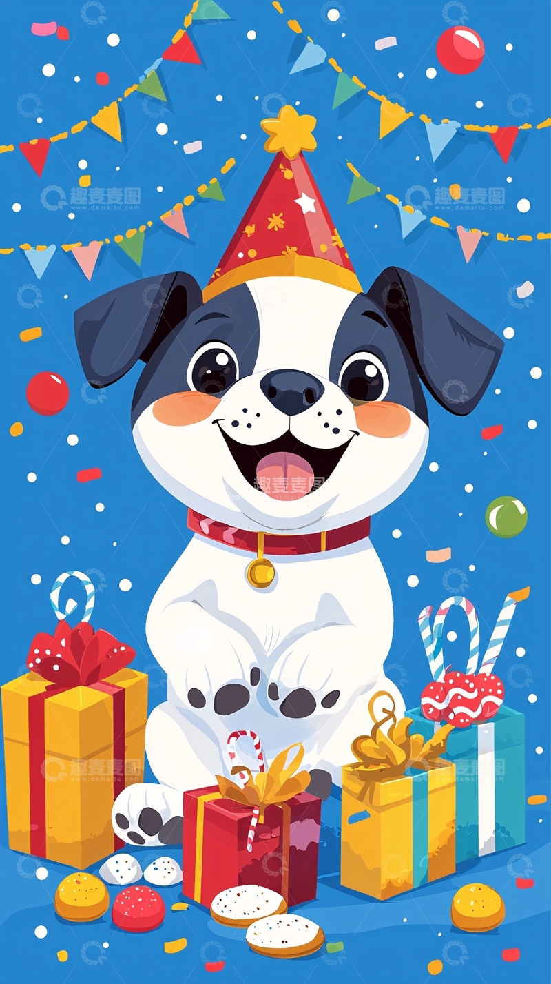 高清大图下载【趣麦麦图】戴帽子的可爱小狗生日派对