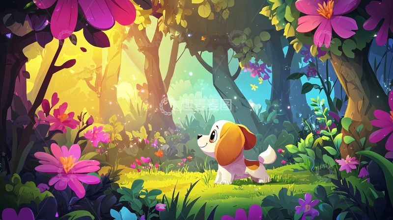 高清大图下载【趣麦麦图】小狗在梦幻森林里