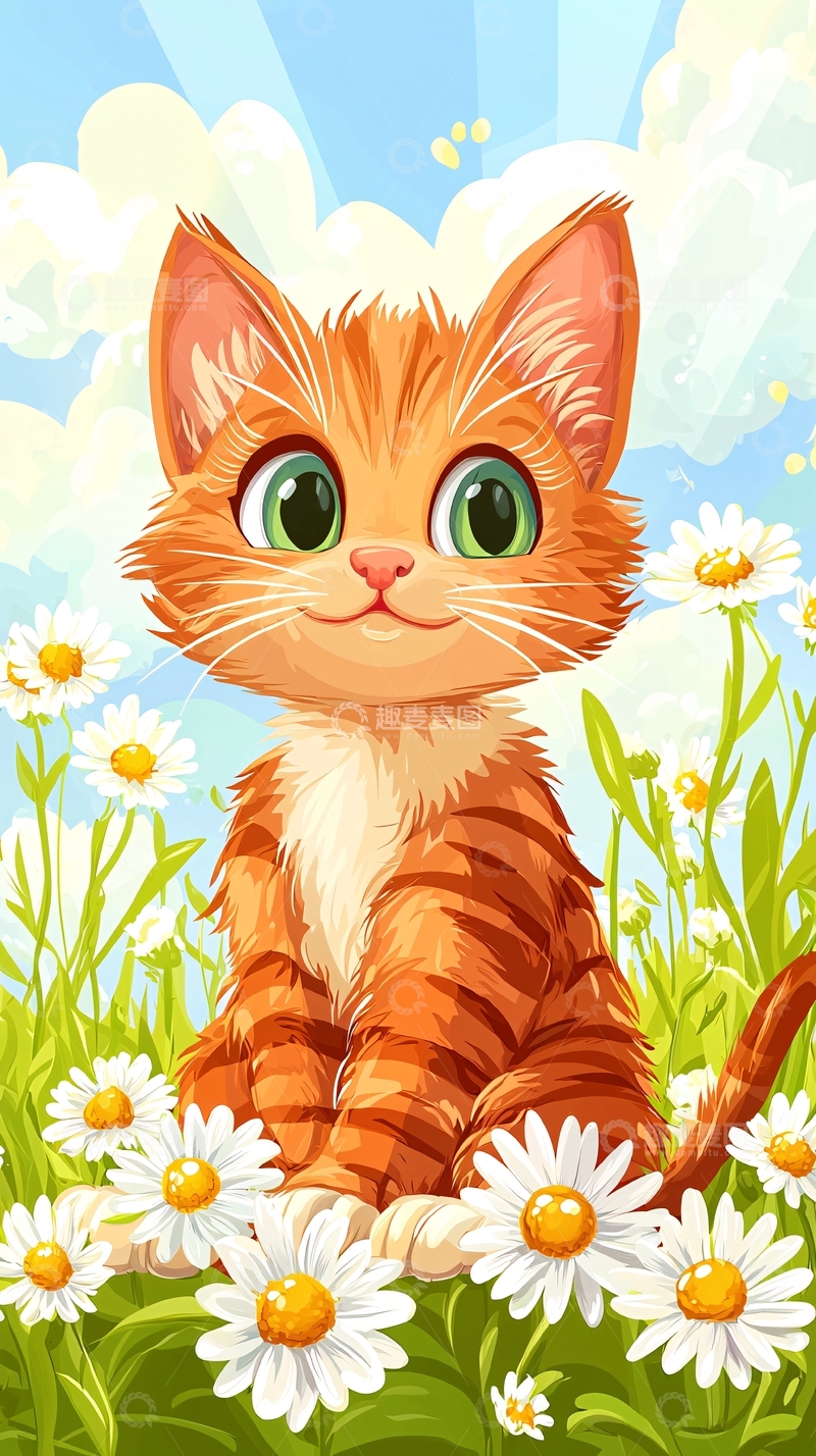 高清大图下载【趣麦麦图】可爱小猫雏菊花丛