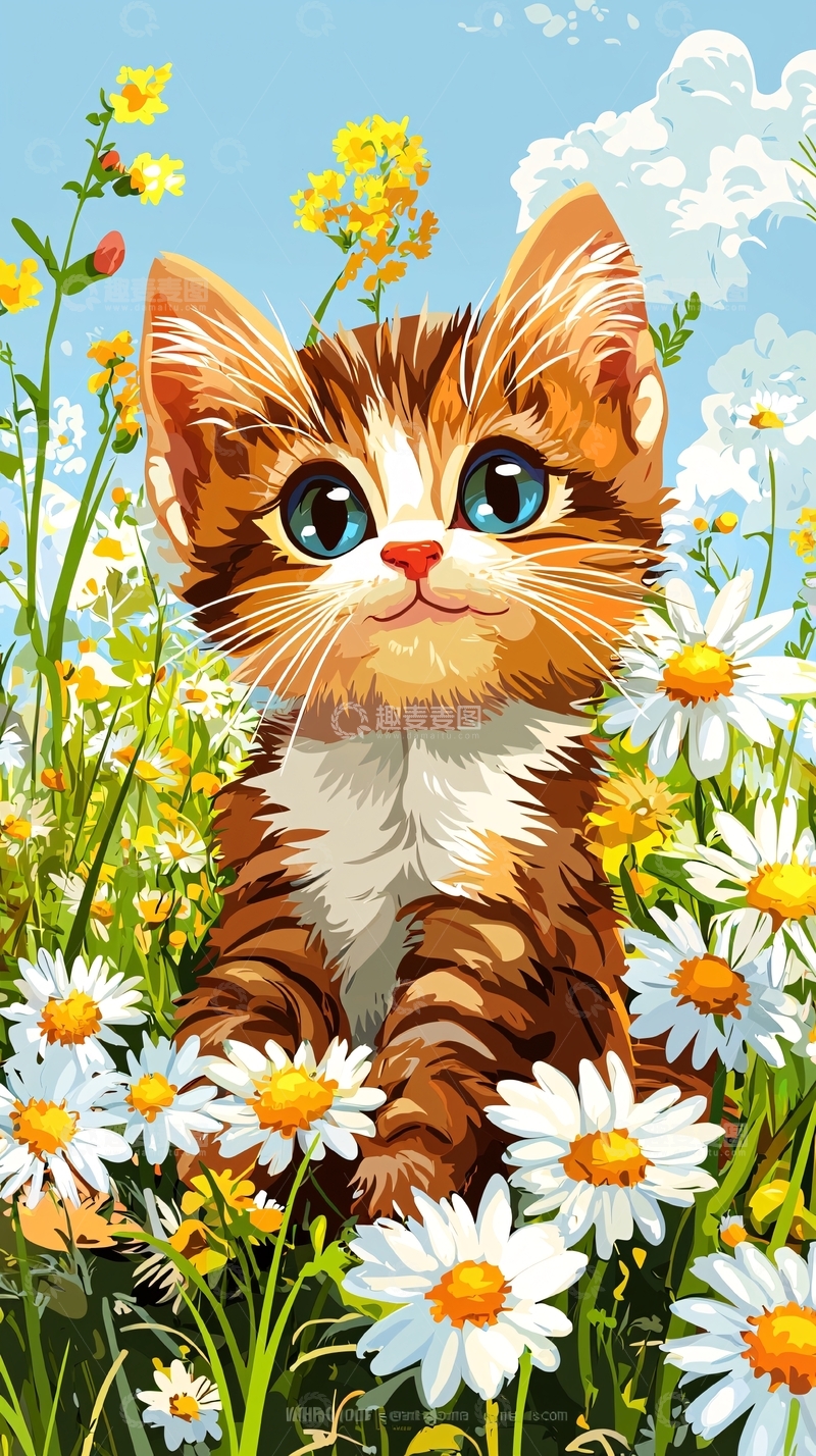 高清大图下载【趣麦麦图】小猫在雏菊花田里