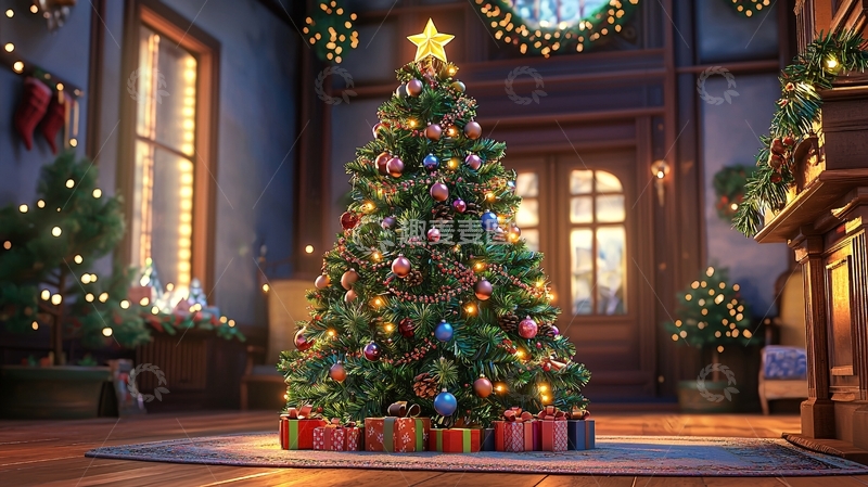 高清大图下载【趣麦麦图】圣诞树摆满礼物温暖房间