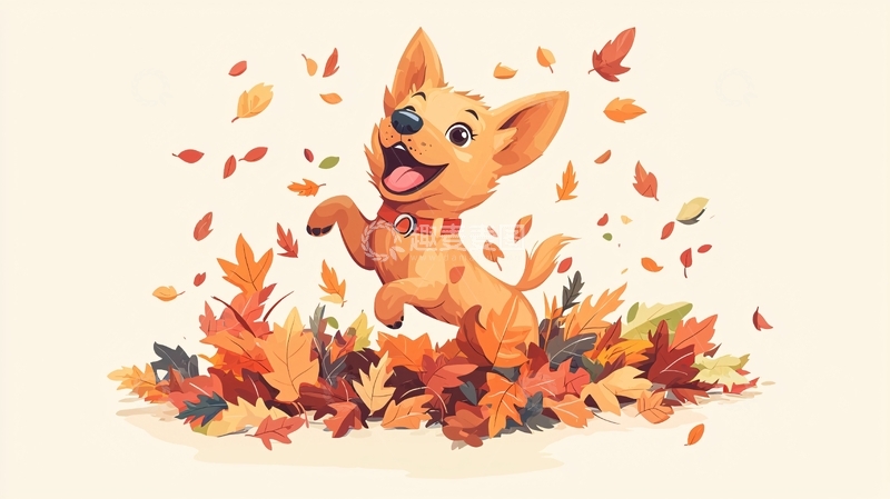 高清大图下载【趣麦麦图】秋叶堆中快乐的小狗