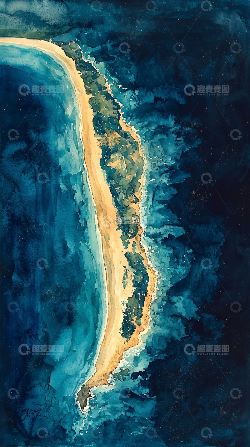 高清大图下载【趣麦麦图】水彩风格海岛鸟瞰图