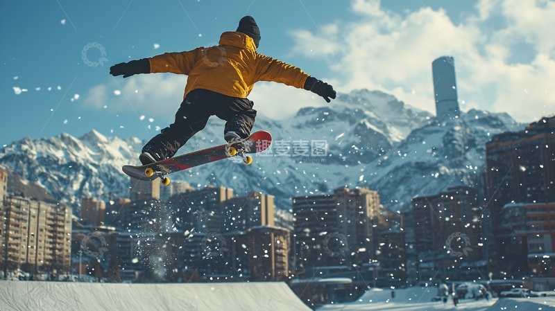 高清大图下载【趣麦麦图】滑板少年雪地飞跃