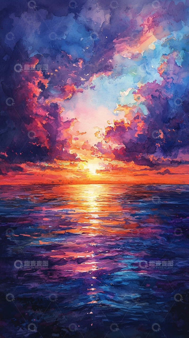 高清大图下载【趣麦麦图】绚丽日落海景水彩画