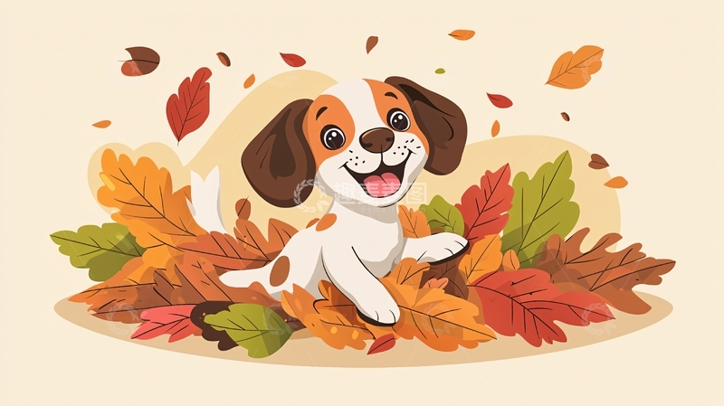 高清大图下载【趣麦麦图】秋天小狗落叶
