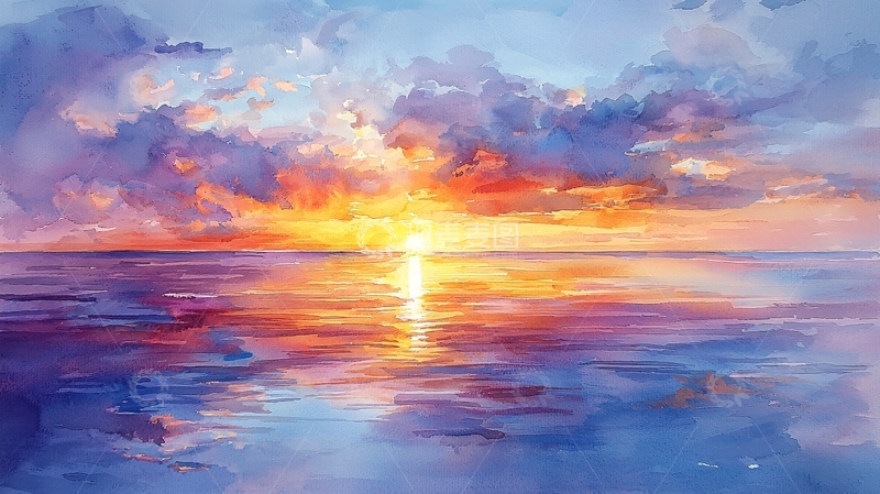 高清大图下载【趣麦麦图】唯美日落海面云彩倒影