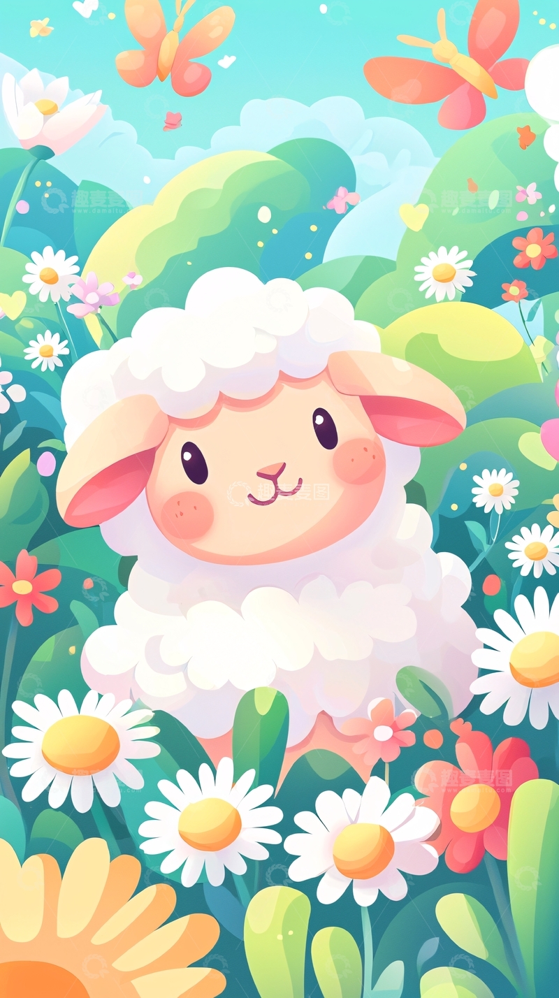 高清大图下载【趣麦麦图】小羊花田卡通插画