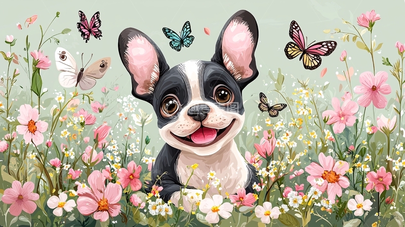 高清大图下载【趣麦麦图】可爱法斗花丛蝴蝶