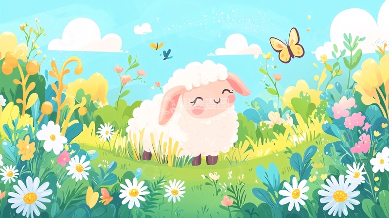 高清大图下载【趣麦麦图】可爱小绵羊在花丛中
