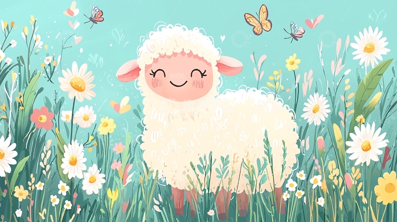 高清大图下载【趣麦麦图】小羊在花田里快乐地玩耍