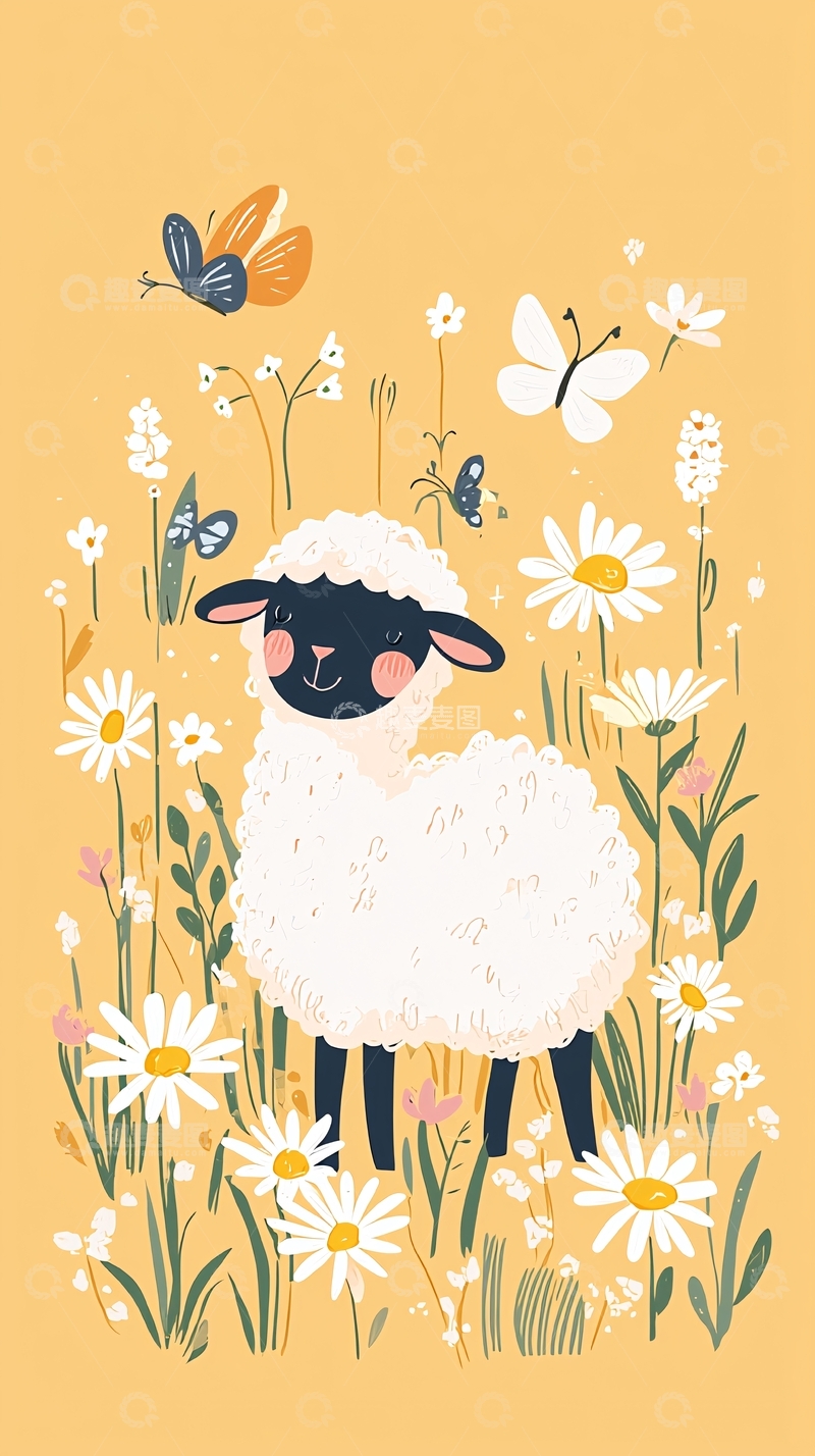 高清大图下载【趣麦麦图】小绵羊与雏菊花田