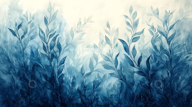 高清大图下载【趣麦麦图】蓝色的植物水彩画