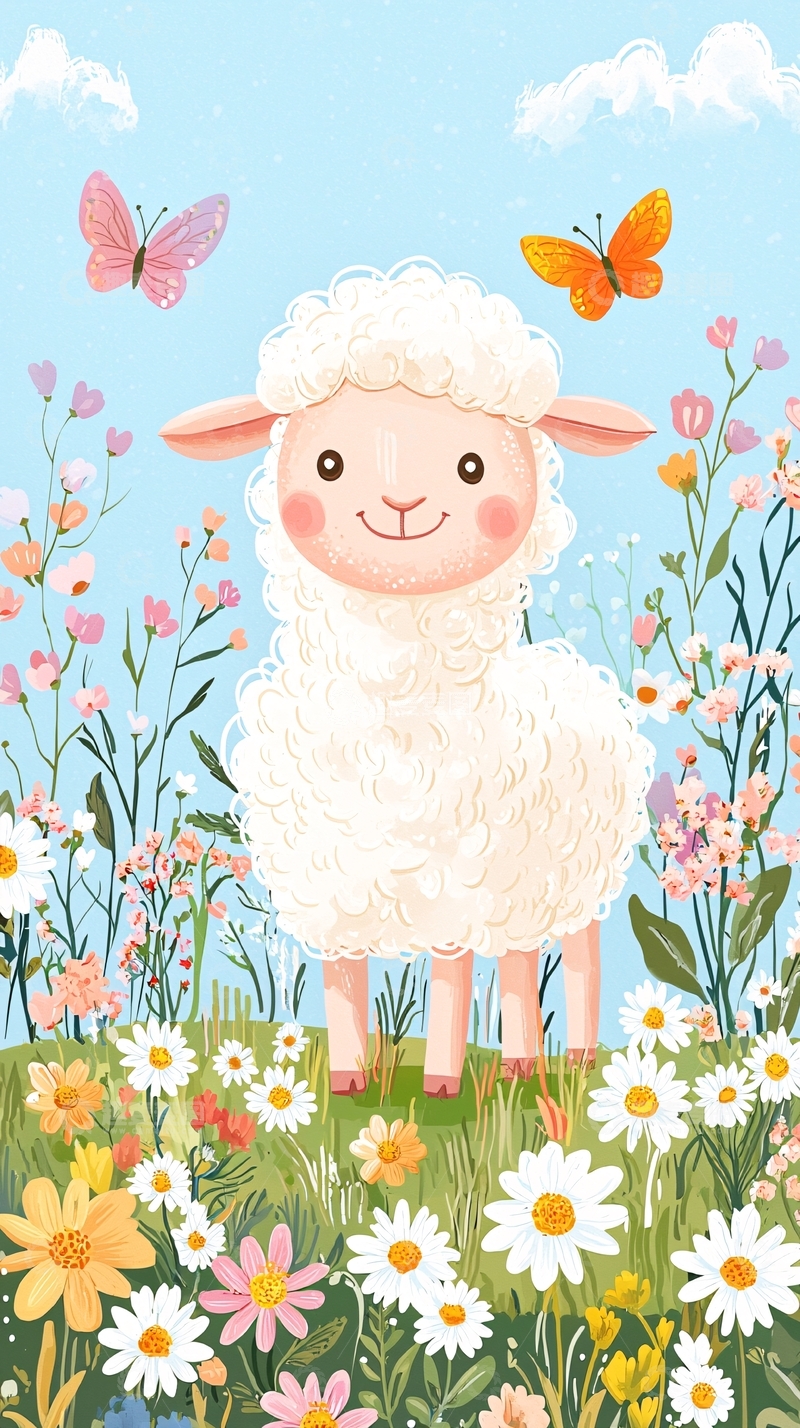 高清大图下载【趣麦麦图】小绵羊花田卡通插画