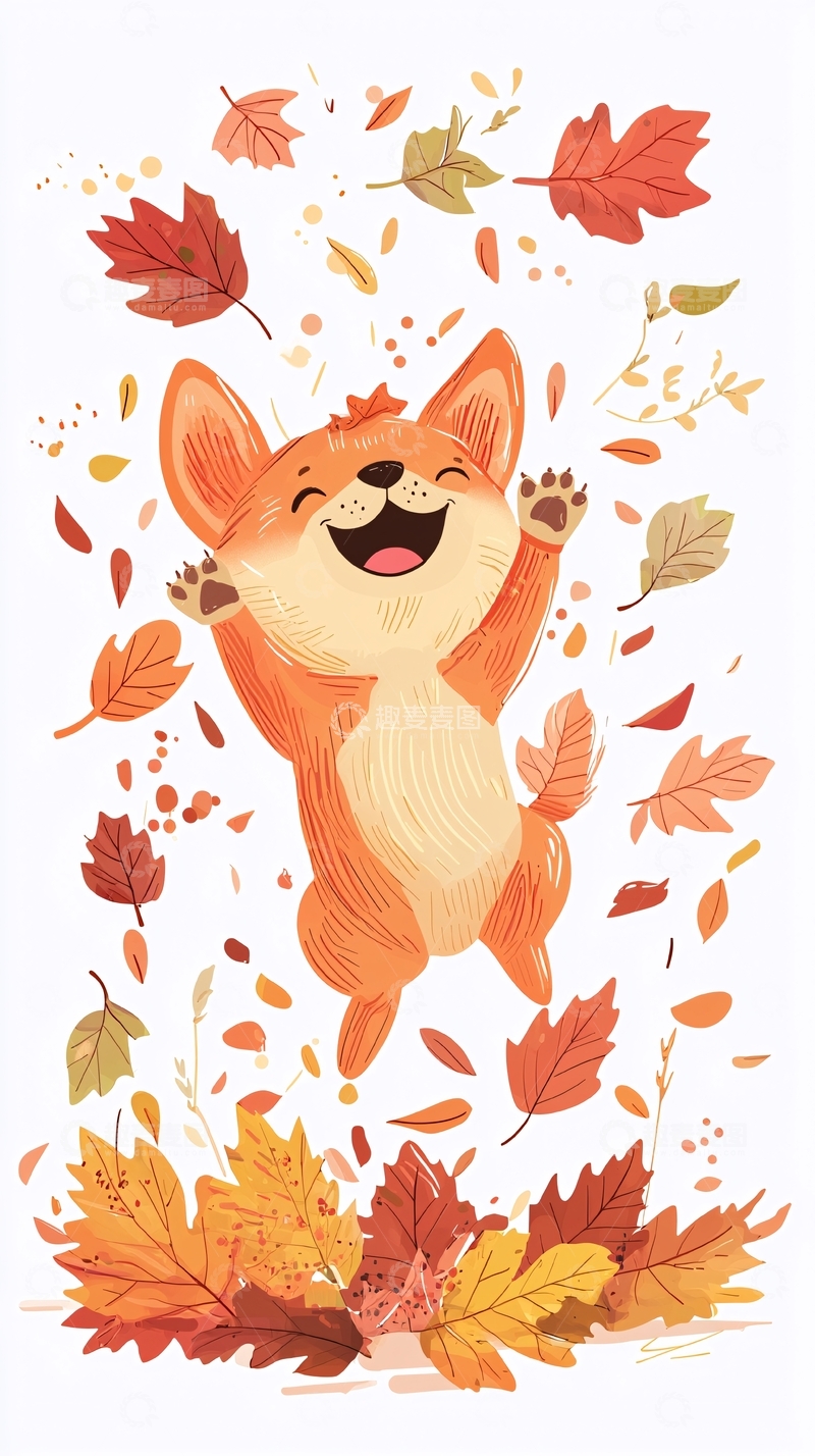 高清大图下载【趣麦麦图】可爱小狗秋天落叶