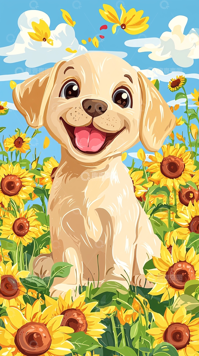 高清大图下载【趣麦麦图】向日葵田里的金毛幼犬