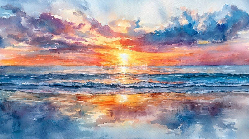 高清大图下载【趣麦麦图】海面日落水彩画