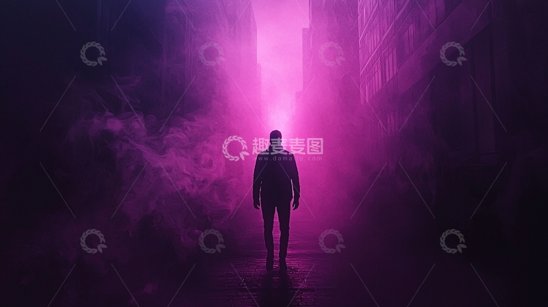 高清大图下载【趣麦麦图】紫粉色烟雾城市巷弄背影