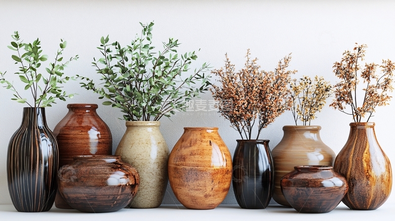 高清大图下载【趣麦麦图】一排花瓶和植物