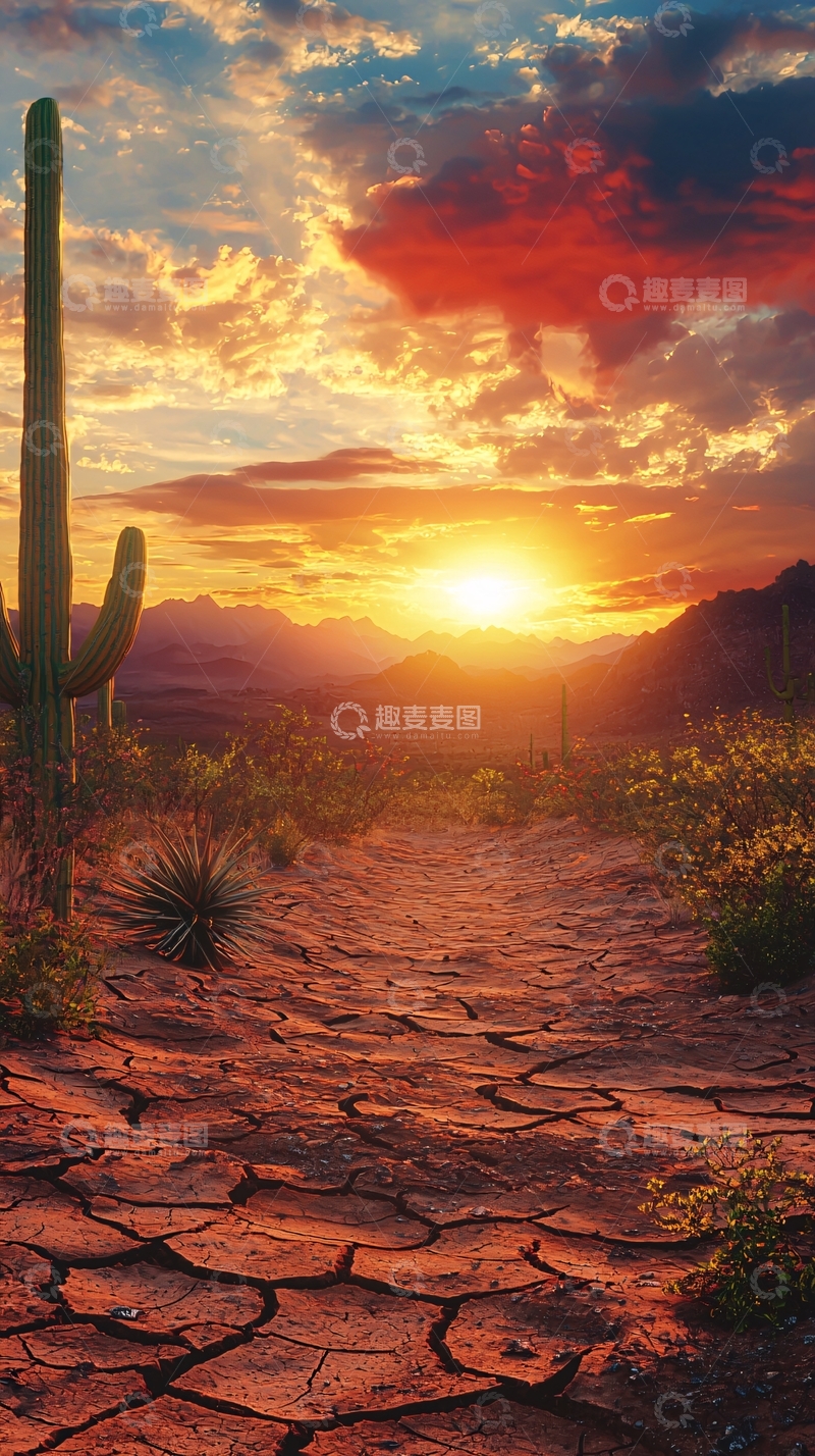 高清大图下载【趣麦麦图】沙漠日落仙人掌