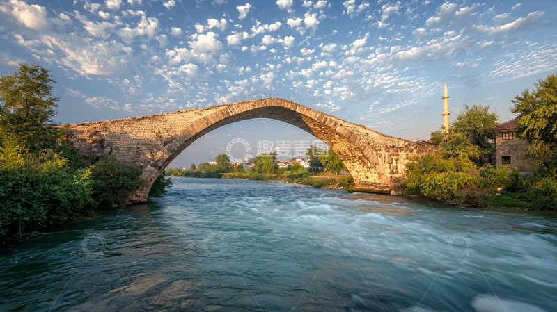 高清大图下载【趣麦麦图】古老石桥横跨湍急河流