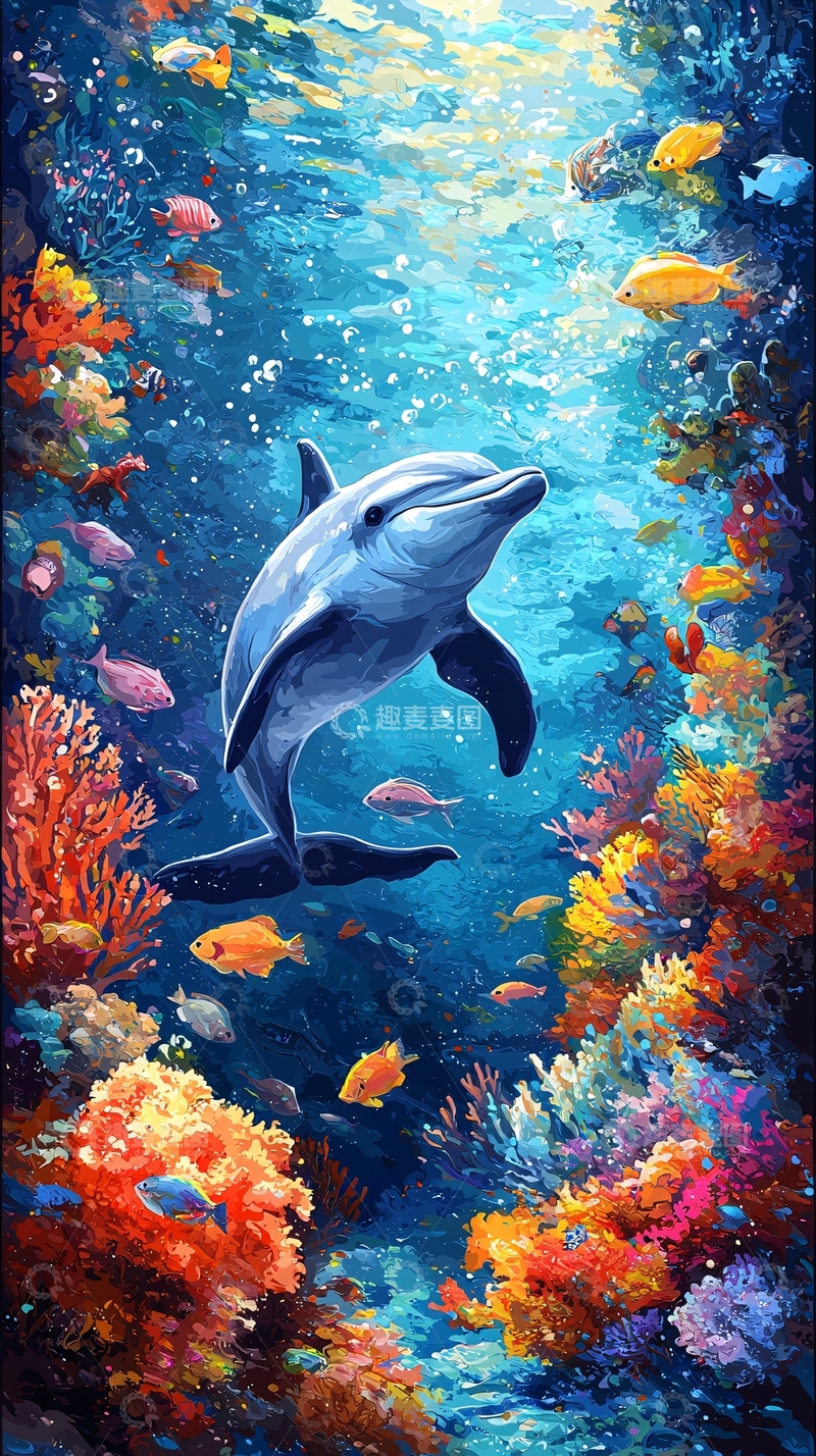 高清大图下载【趣麦麦图】海豚在珊瑚礁中畅游