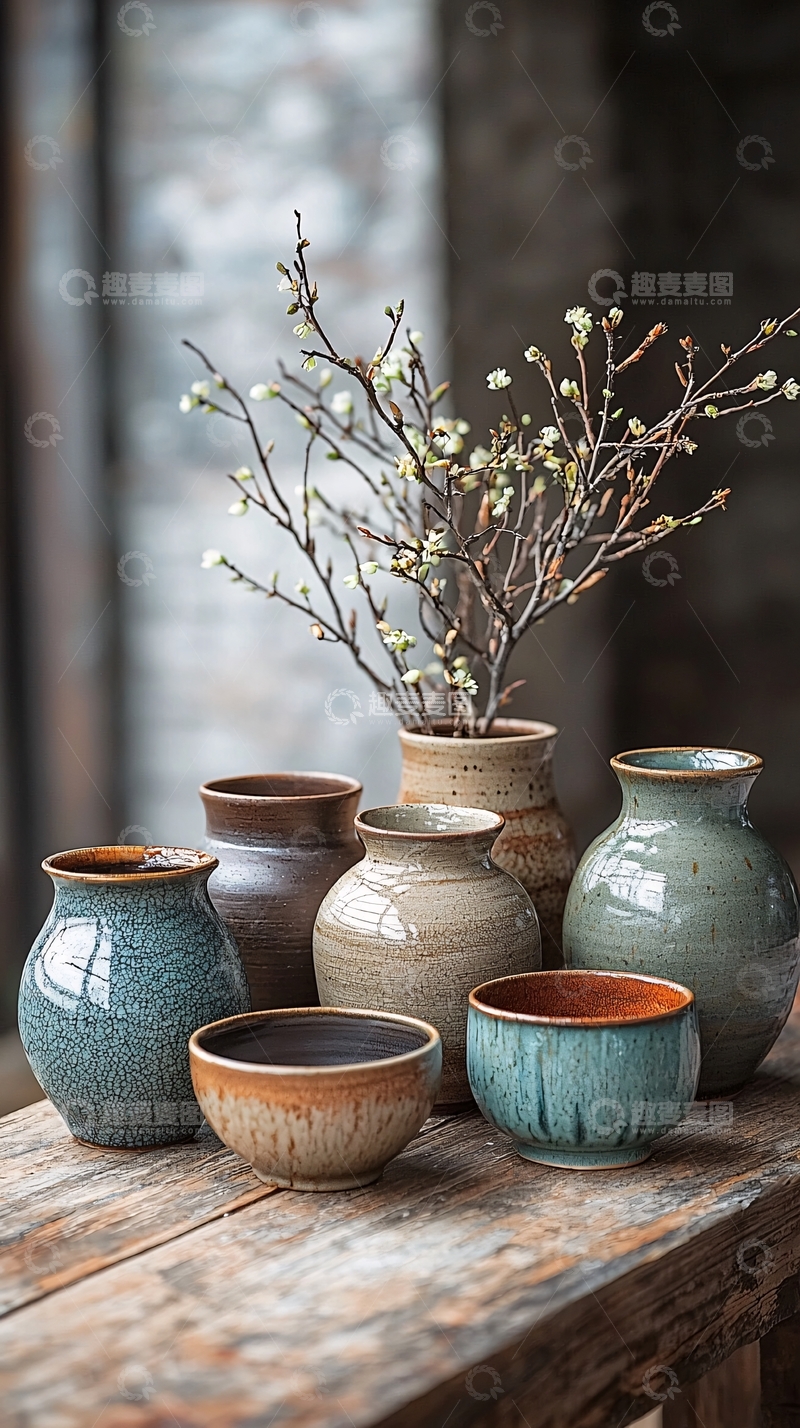 高清大图下载【趣麦麦图】陶瓷花瓶与枯枝的静物