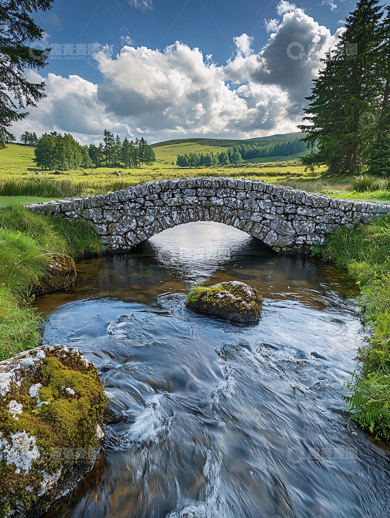 高清大图下载【趣麦麦图】石桥流水田园风光