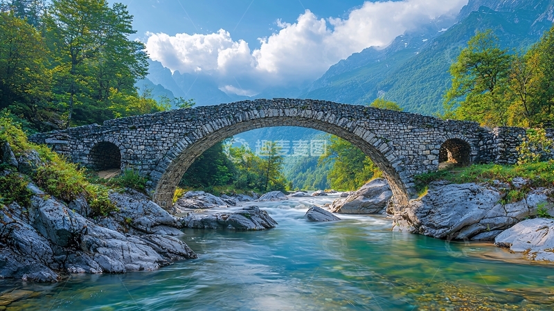 高清大图下载【趣麦麦图】山间石桥流水如画