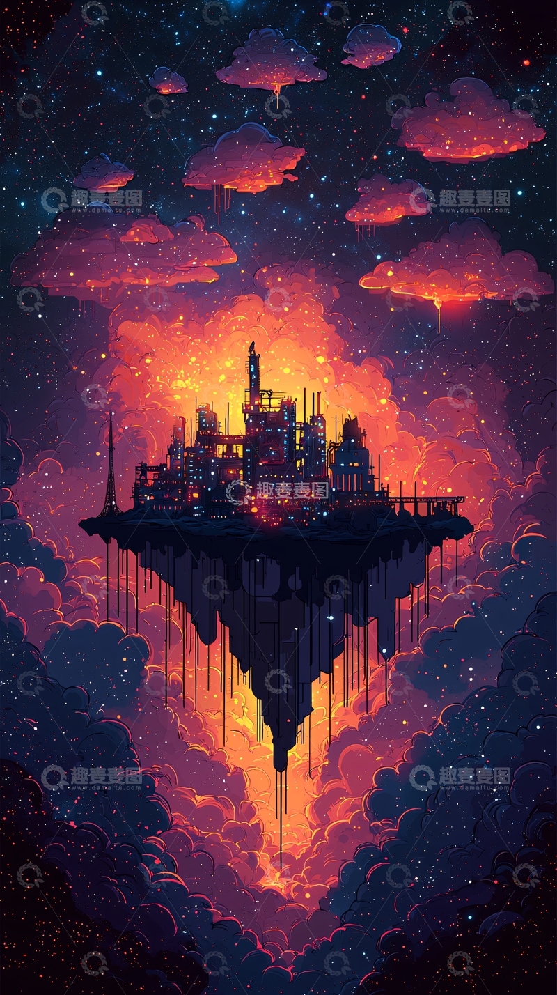 高清大图下载【趣麦麦图】悬浮城市在星空下