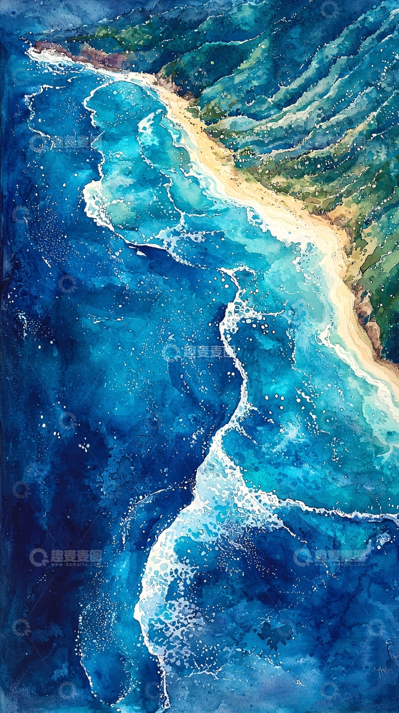 高清大图下载【趣麦麦图】水彩风格的海景海岸线