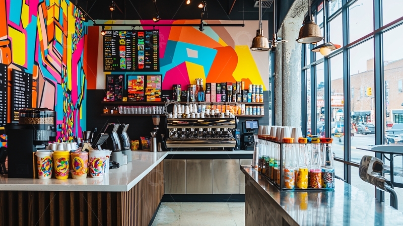 高清大图下载【趣麦麦图】彩色墙壁咖啡店内部