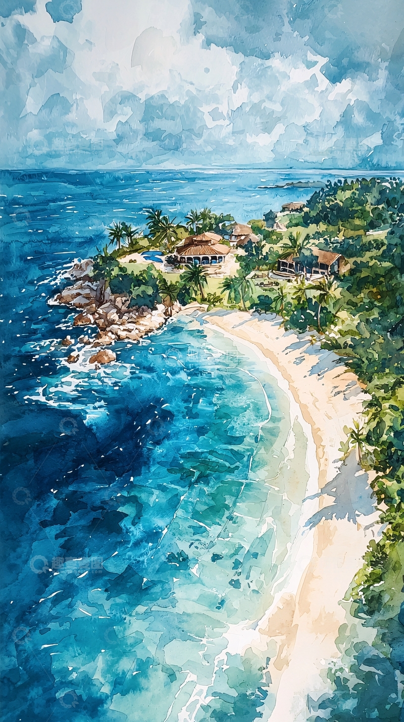 高清大图下载【趣麦麦图】热带海岛水彩画