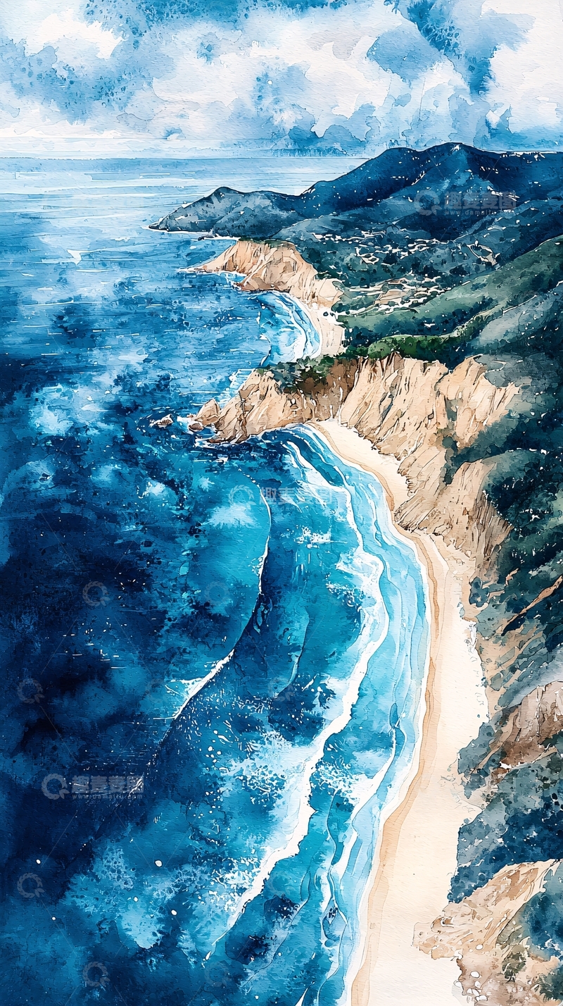 高清大图下载【趣麦麦图】水彩海景海岸山脉