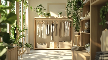 阳光洒落的木质服装店