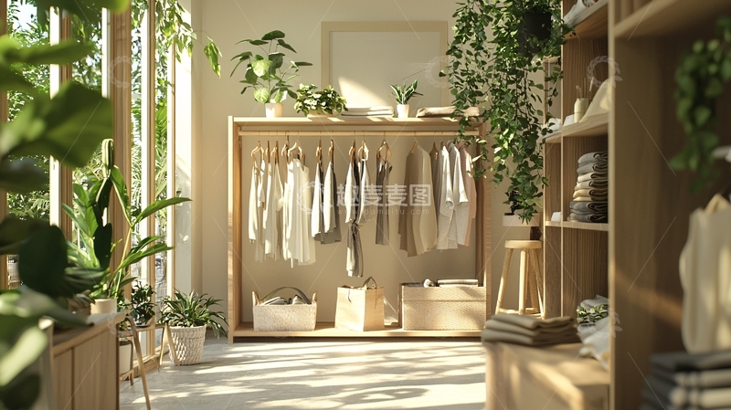 高清大图下载【趣麦麦图】阳光洒落的木质服装店