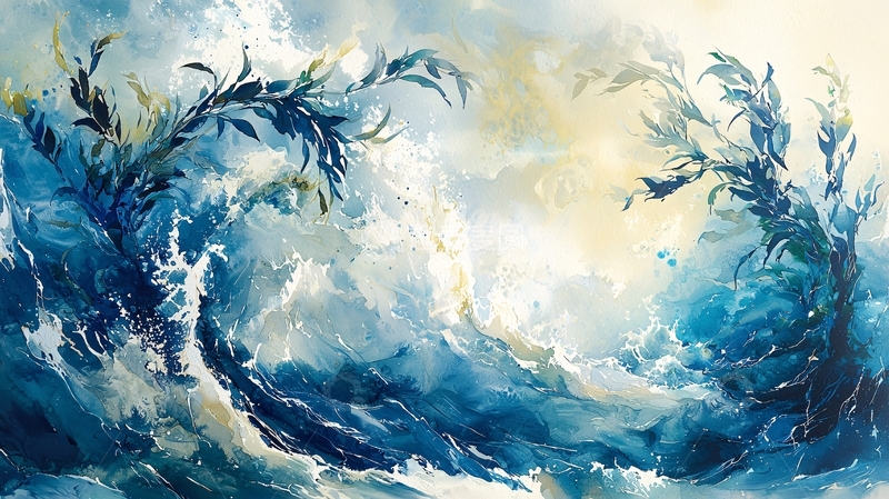 高清大图下载【趣麦麦图】蓝色水墨风海浪与植物